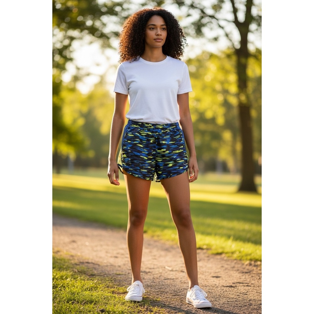 Nike Dri-FIT Women Running Shorts Blue Camo Print Mesh 749462-480 Size M - Picture 2 of 9